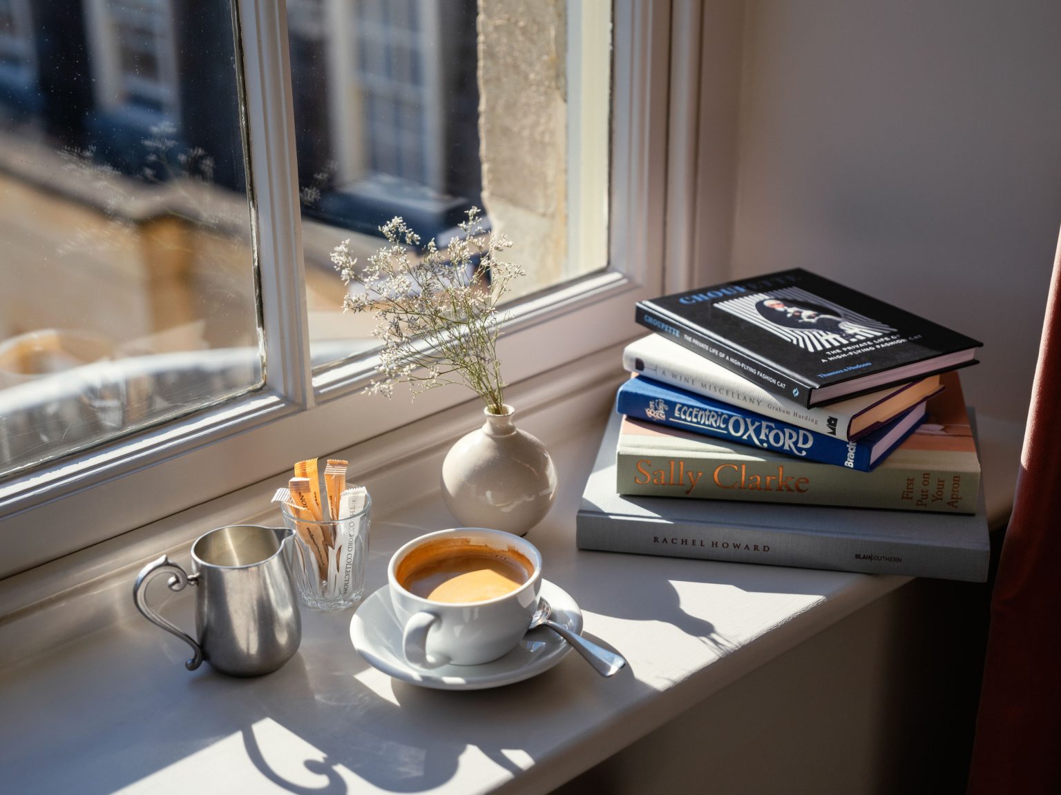 0008 - 2021 - Old Bank Hotel - Oxford - High res - Window Views Merton College Chapel Coffee Books Sun - Web Hero